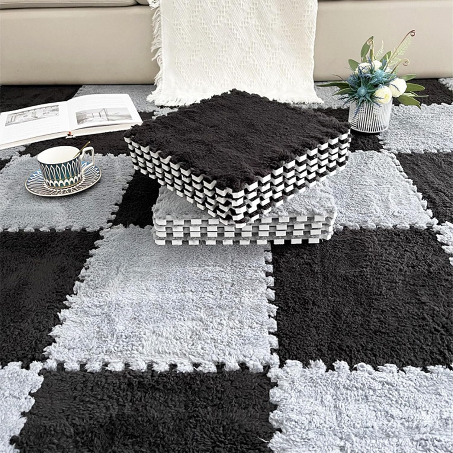 LoiYtrd Plush Foam Puzzle Mat 10pcs 30x30cm Square Interlocking Foam Tiles EVA Soft Foam Floor Mat(Black+Gray)
