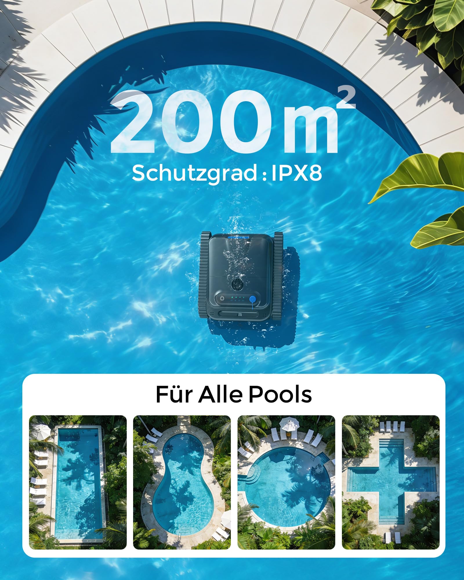 (2026) Y50SE Poolroboter Boden und Wand, Wasserlinie, 120 Min Laufzeit, Intelligente Navigation, Flachzone 4-in-1, Kabelloser Poolsauger Akku, 4 Sensoren, Starker Poolsuager für Pools bis zu 200 m²-SC