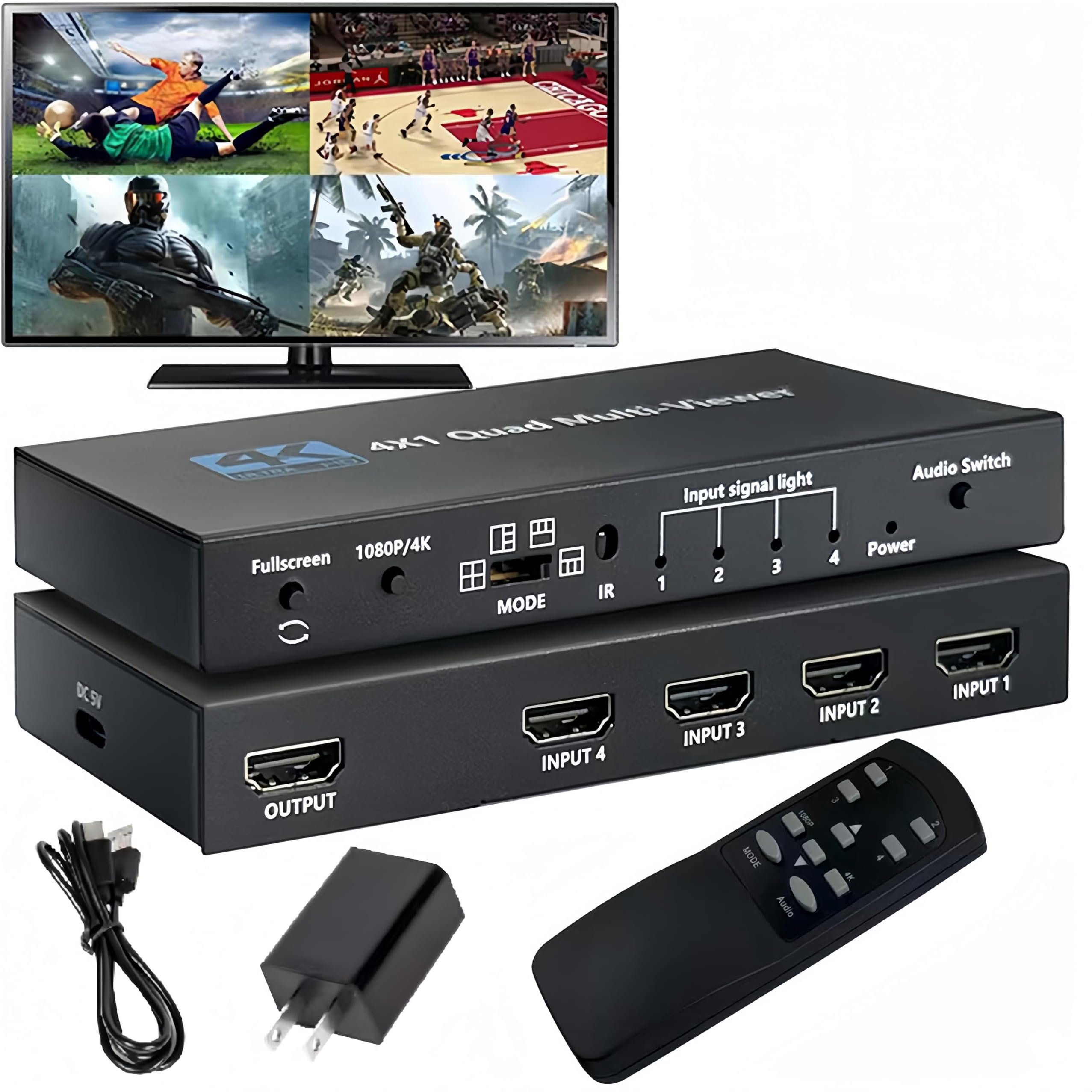 4K HDMI Multiviewer 4X1 with IR Remote 4 Channels Screen Divider 4HDMI Input 1 Output Seamless Switch Supports 4K@60Hz(YUV)/4K@30Hz(RGB)/1080P Full HD HDCP1.4 5 View Modes 1×1 2×2 1＋3 etc
