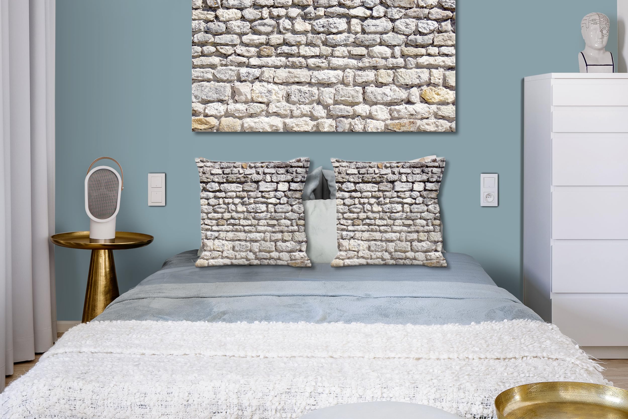 Steinwand - Foto-Kissen-Hülle Set (2 STK.) 40 x 40 cm | Kissen-Bezüge - passend zu Wandbild - Deko-Kissen - Steine Muster Struktur Haus Wand