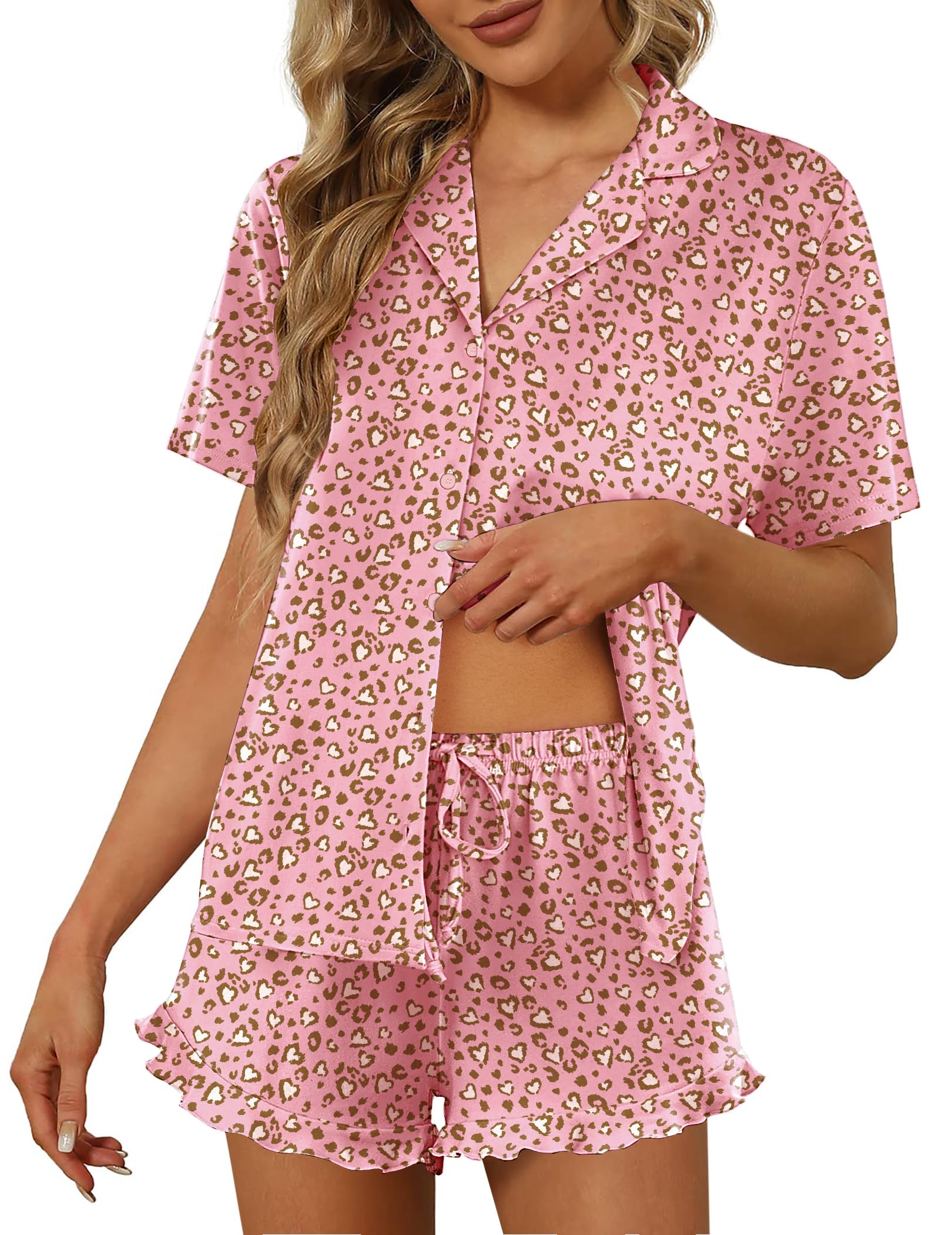 Ekouaer Pajamas Set for Women Short Sleeve Sleepwear Button Down Ruffle Pjs | Soft Pjs Shorts Set, Notch Collar, Lounge Sets for Sleep, Lounge, Wedding, Bridal Party