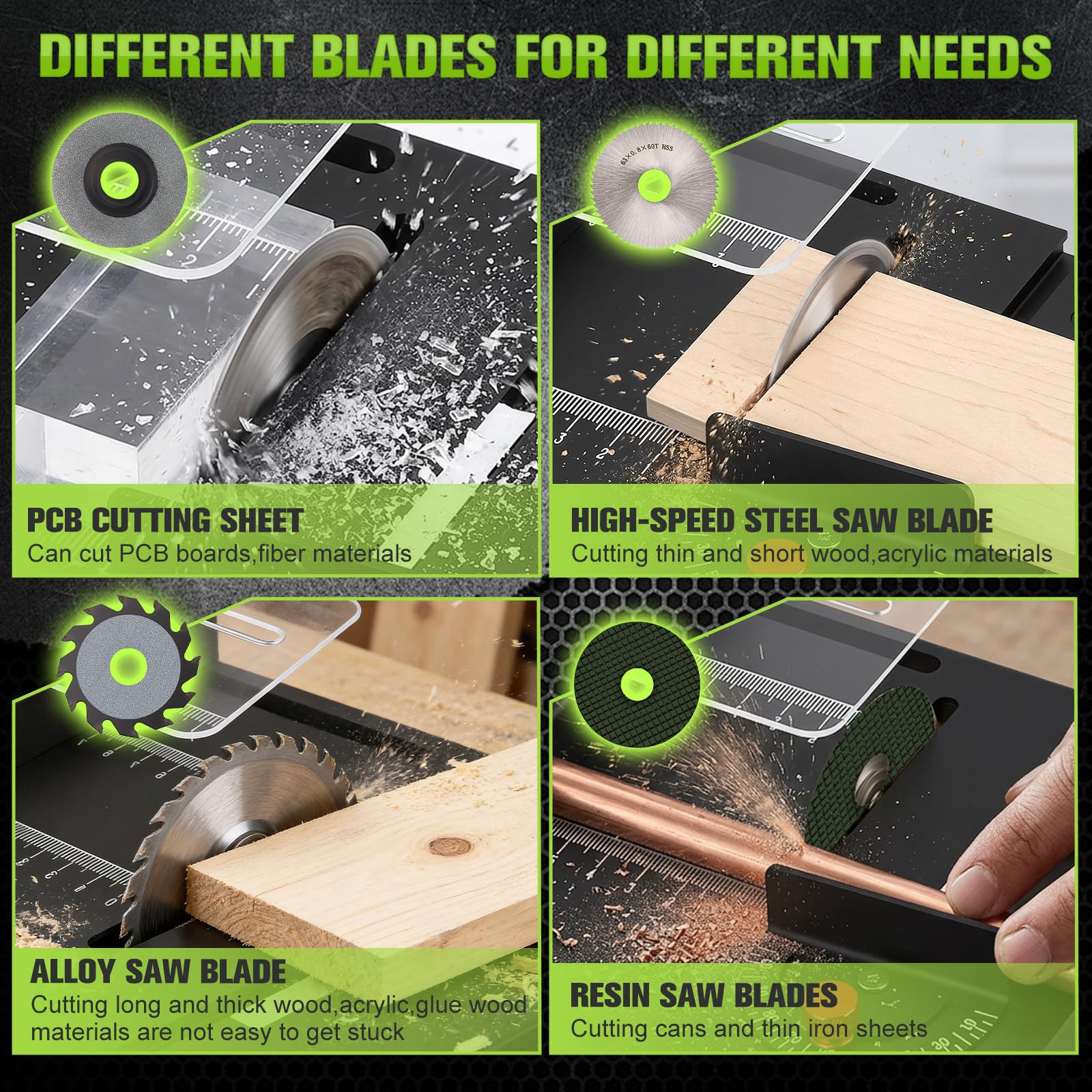 Kleine Tischkreissäge mit 4 Sägeblättern, 100W Präzisions Table Saw Sägeblatt Sägeblattwinkel einstellbar 0-90°, Multifunktionale Tischsäge für DIY Holzbearbeitungsprojekte, 7 Geschwindigkeitsstufen