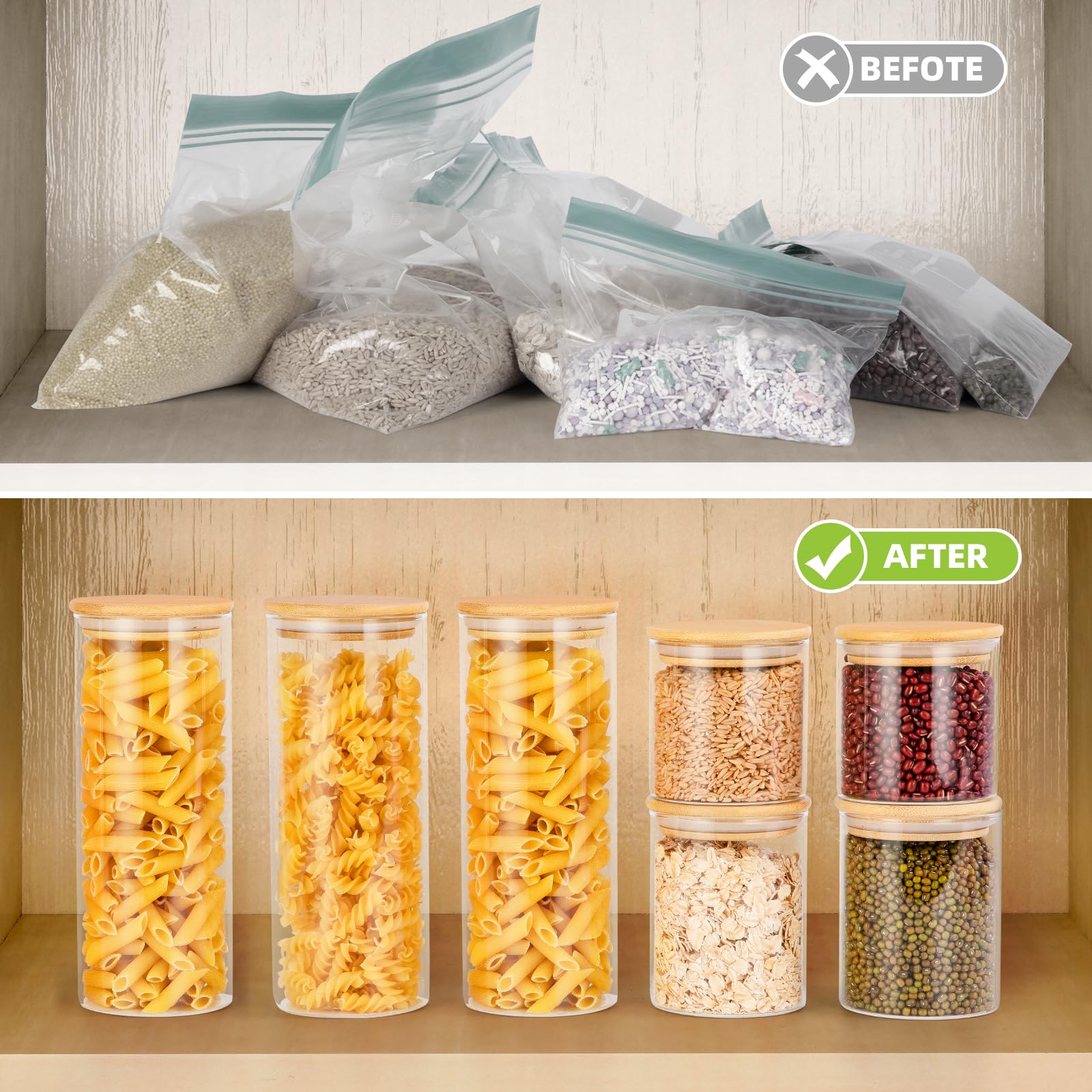 FoiiLiio Barattoli Vetro con Coperchio,Set di 9 barattoli Vetro,barattoli Ermetici con Coperchio,300ml/800ml Barattolis Cucina in Bambù,Vasetti per Cereali Pasta