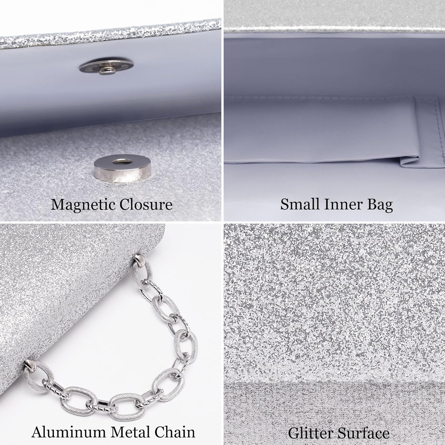 Evening Bag Sparkle Clutch Purse for Women, Silver Purse with Metal Handle, Small Formal Women Handbag with Detachable Crossbody Chain, Shinny Envelope Evening Clutch for Wedding Party Prom - Image 4