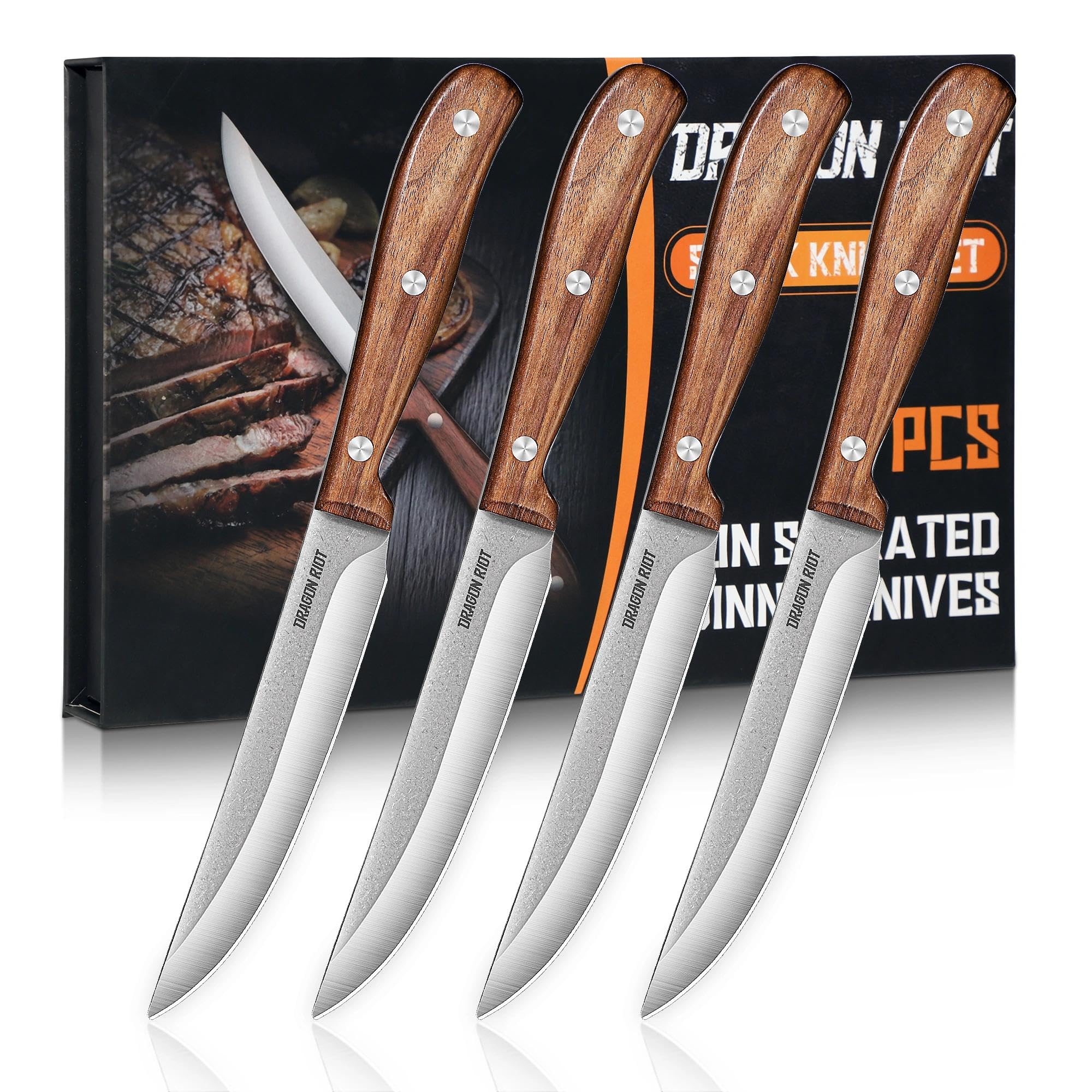 DRAGON RIOT Steak Knives Set of 4, Ultra Sharp Steak Knife Set Japanese VG-10 Stainless Steel Non Serrated Steak Knives Full Tang Wood Handle with Gift Box,Ideal Christmas Gift