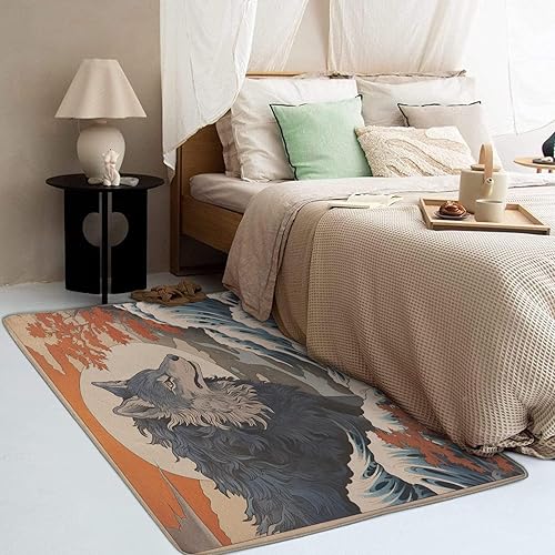 Miniatura 3 de Alfombra de lobo de 6 x 9 pies, alfombra de fantasía para dormitorio, sala de estar, alfombra grande con estampado de lobos con ondas de luna,