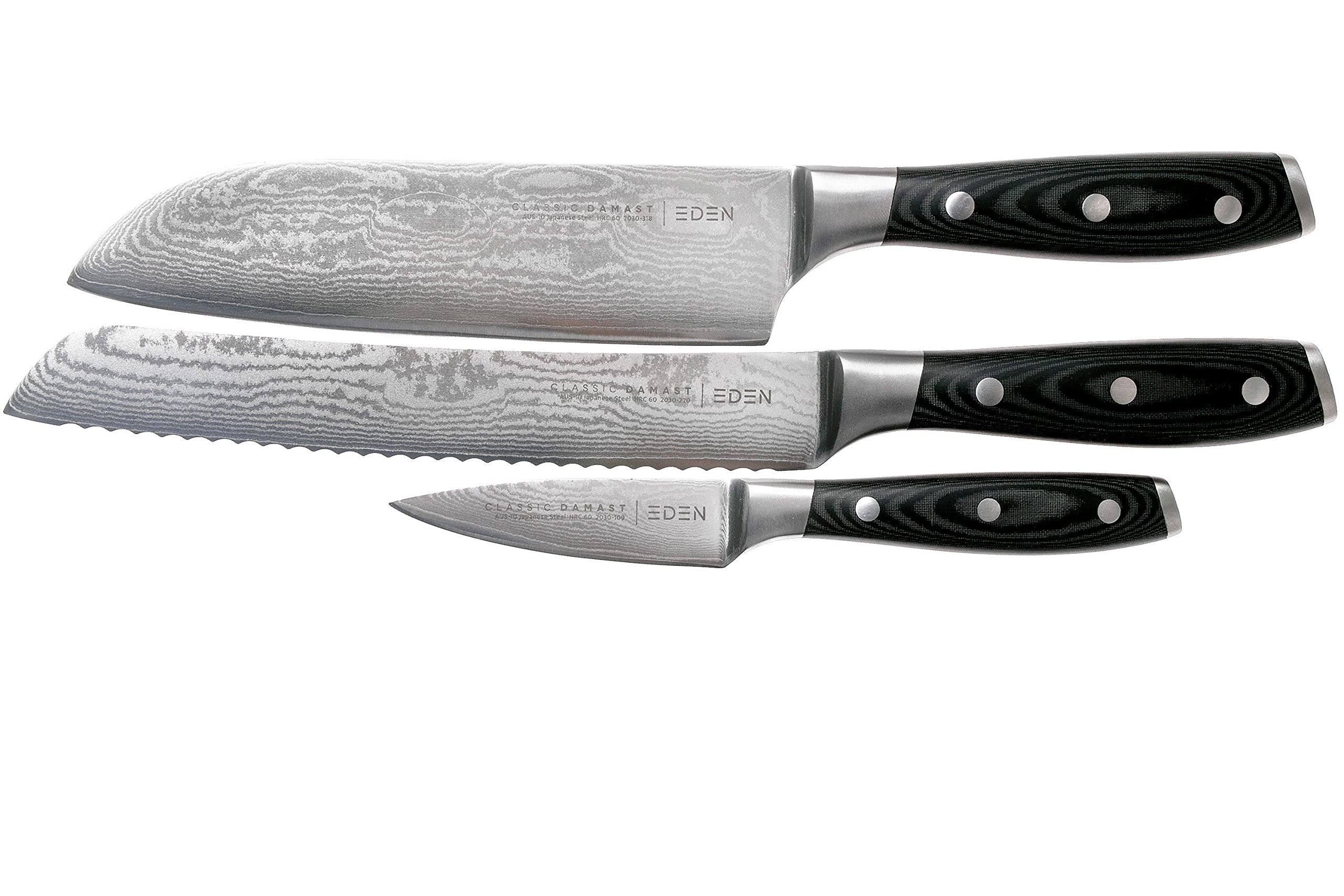 Set de 3 Couteaux Eden Classic Damast EQ2030-S07 Set de Couteaux avec Santoku, Couteau à Pain et Couteau d'Office, Acier de Damas