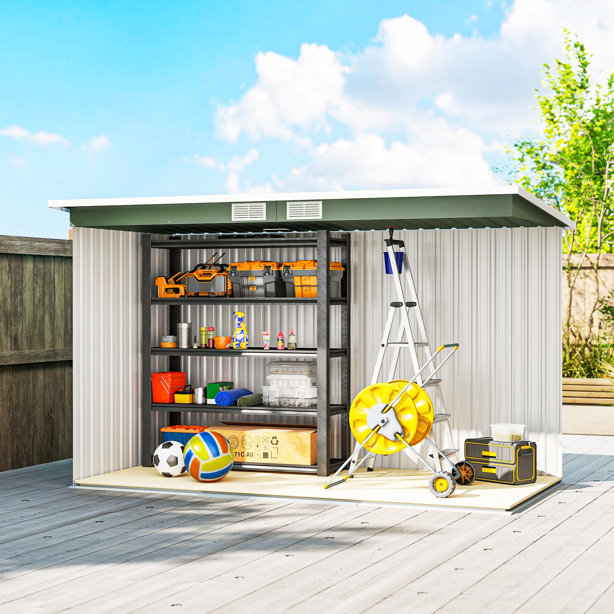 Outsunny Casetta da Giardino 3.2m² in Acciaio Zincato con Kit Fondazione, Prese d'Aria, Capanno Porta Attrezzi con Tetto Inclinato, Doppia Porta Scorrevole Bloccabile, Verde Chiaro
