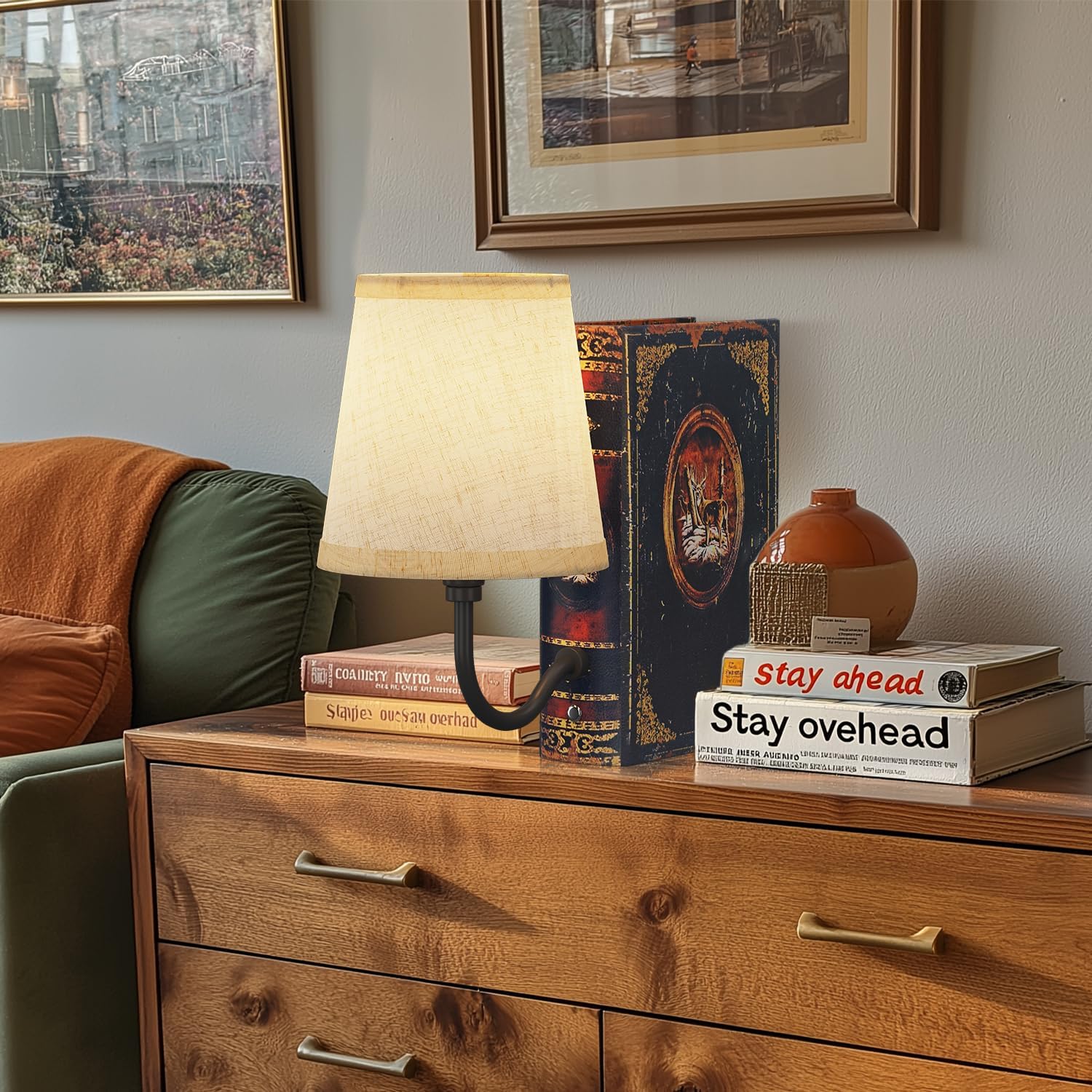 vintage bookshelf lamp rechargeable, cordless book lamp with linen shade, dimmable touch control table lamp, modern decorative bookend, bookshelf lights for office home, library, study deer