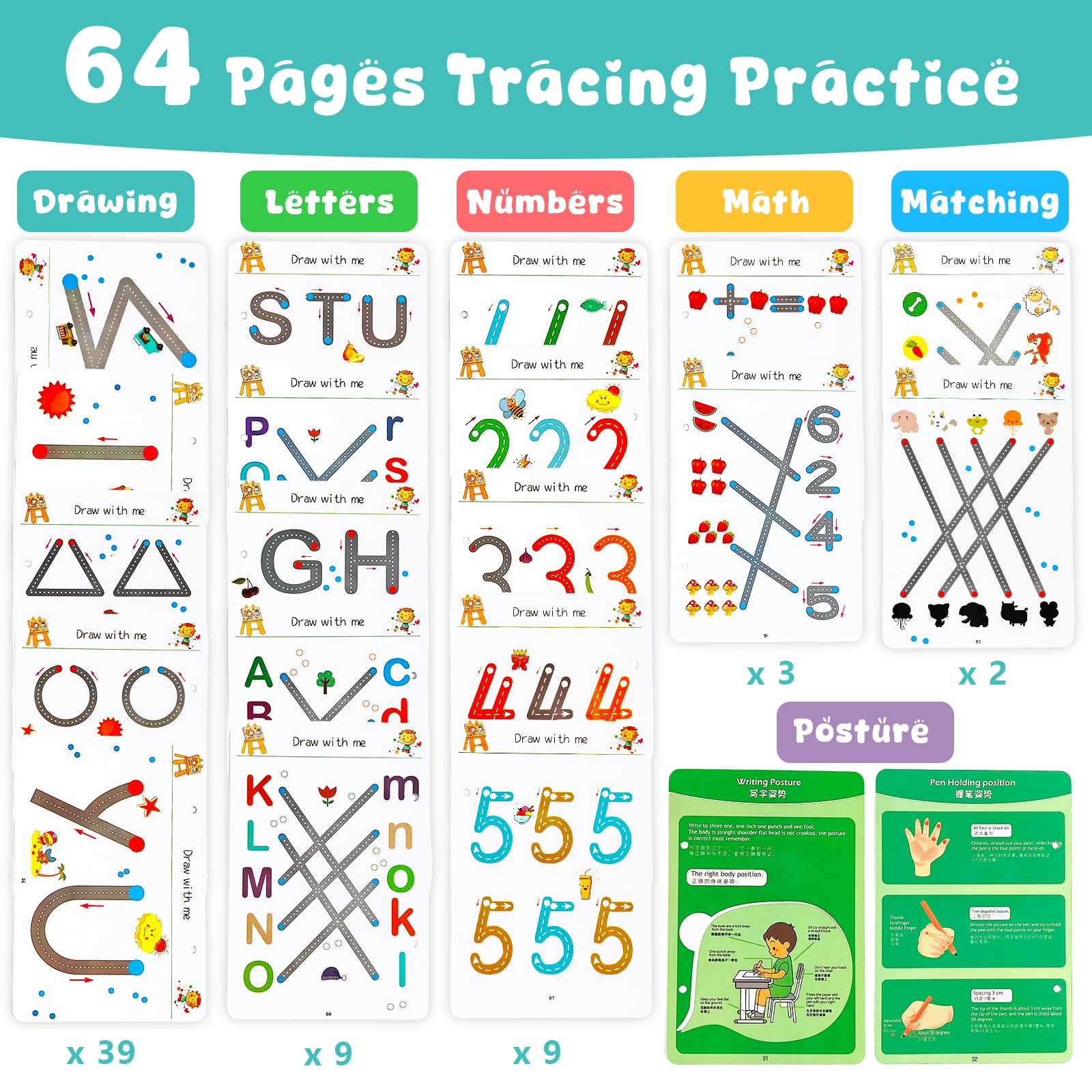 64 páginas Cuaderno Aprender a Escribir Números, Dibujo, Matemáticas y Letras, Libros de Trazado Reutilizables para Niños de 3 4 5 6 Años, Libros de Actividades Preescolares, Libro Vacaciones