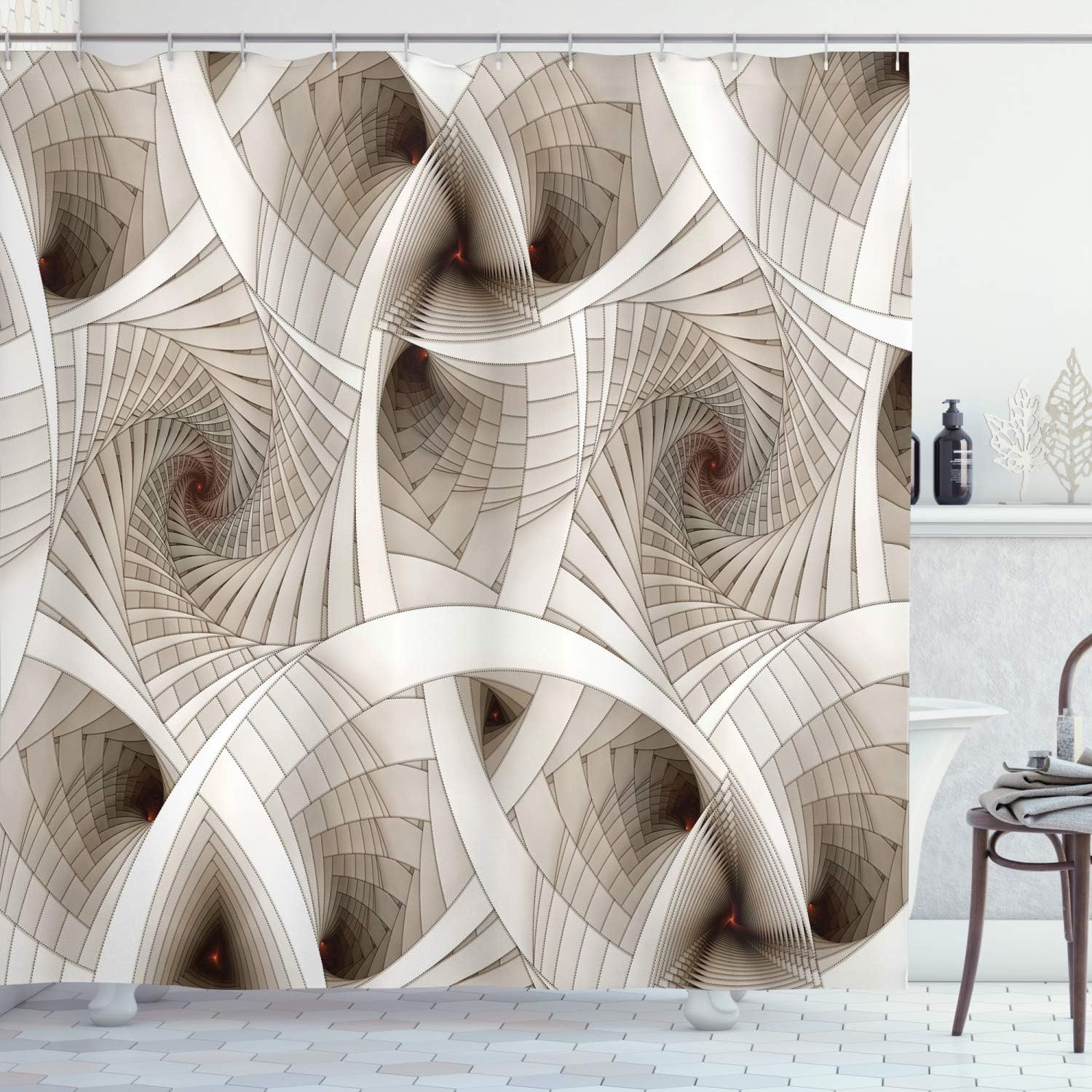 Ambesonne Fractal Shower Curtain, Abstract Digital Futuristic Curved Spirals Sci Fi Motion Illustration, Cloth Fabric Bathroom Decor Set with Hooks, 69" W x 70" L, Beige