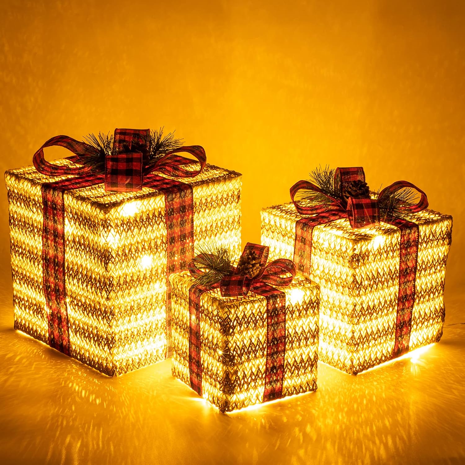 Sunnyglade 10"-8"-6" Set of 3 Christmas Lighted Gift Boxes Decoration Boxes with Plug, Bows, Artificial Pine Leaves and Pine Cones for Christmas, Weddings Yard Home Holiday Art Decoration