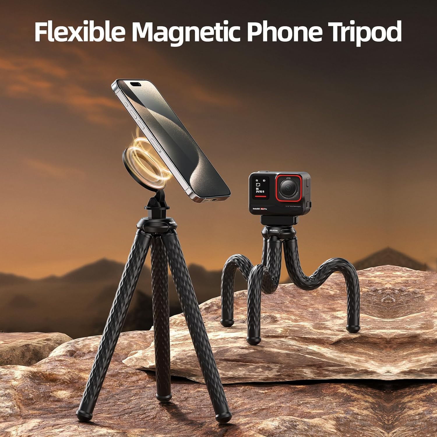 Flexible Magnetic Bendable Phone Tripod TELESIN Magnetic Flexible Tripod  For IPhone, Mini Bendable Tripod Phone Stand For Magsafe Stroller Treadmill 