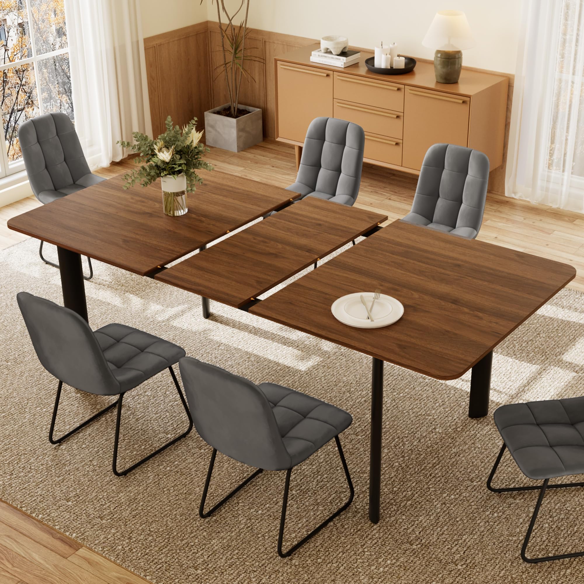 JIEXI Essgruppe Tisch Ausziehbar mit 4-8 Stühlen, 160-200cm Walnuss + 6 Grau