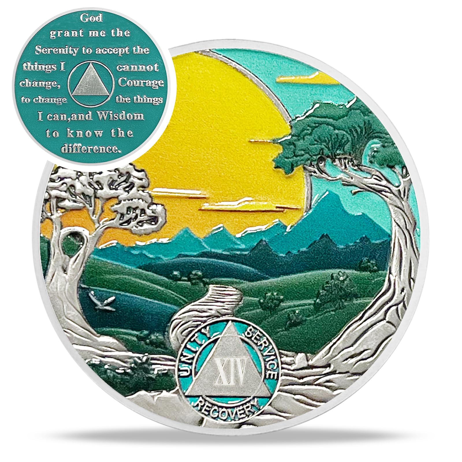 Green Forest 14 Year Sobriety Coin - Recovery Sun 14 Year AA Coins - Mountain Tree Road NA AA Chips and Medallions - 1-20 Prime Sobriety Chip Alcoholics Anonymous Gifts for Men Women