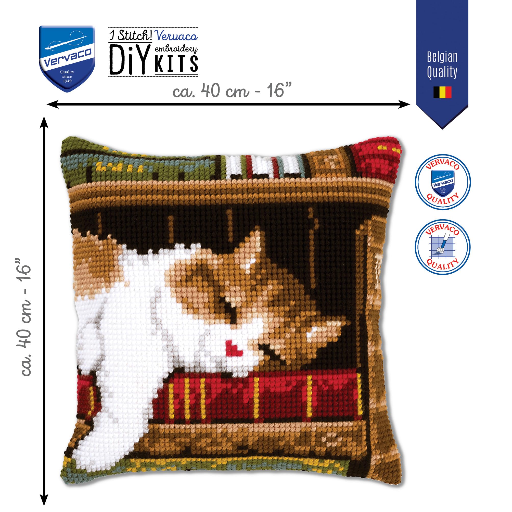 Vervaco Cross Stitch Embroidery Kits Pillow Front for Self-Embroidery with Embroidery Pattern on 100% Cotton and Embroidery Thread, 15,75 x 15,75 Inches - 40 x 40 cm, Cat on Bookshelf