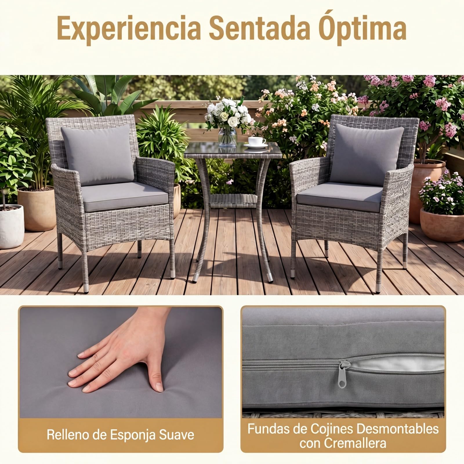 GIANTEX Juego de Muebles de Jardín 3 Piezas, 2 Sillones con Cojines y 1 Mesa con Tablero de Cristal, Conjunto de Muebles de Ratán para 2 Personas, Juego de Bistró para Balcón, Patio (Gris)