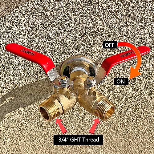 Miniatura 6 de HQMPC Divisor de válvula Y de manguera de jardín con mango largo de acero inoxidable - Adaptador de agua de latón de 2 vías, rosca GHT de 34"
