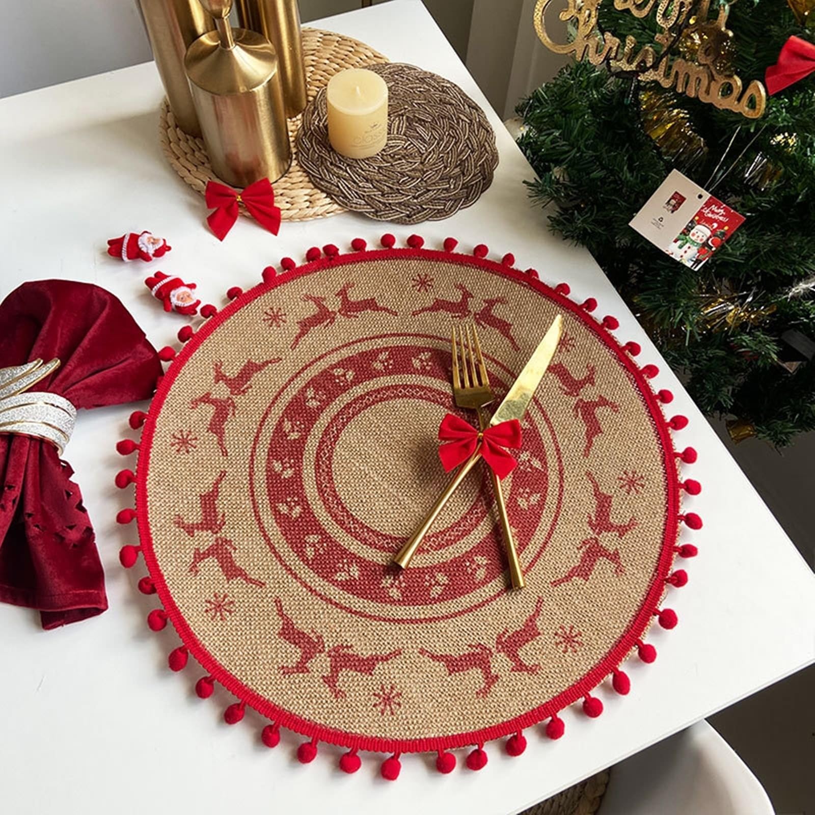 Set de table Noël lin rond antidérapant lavable rouge 38 cm garçon