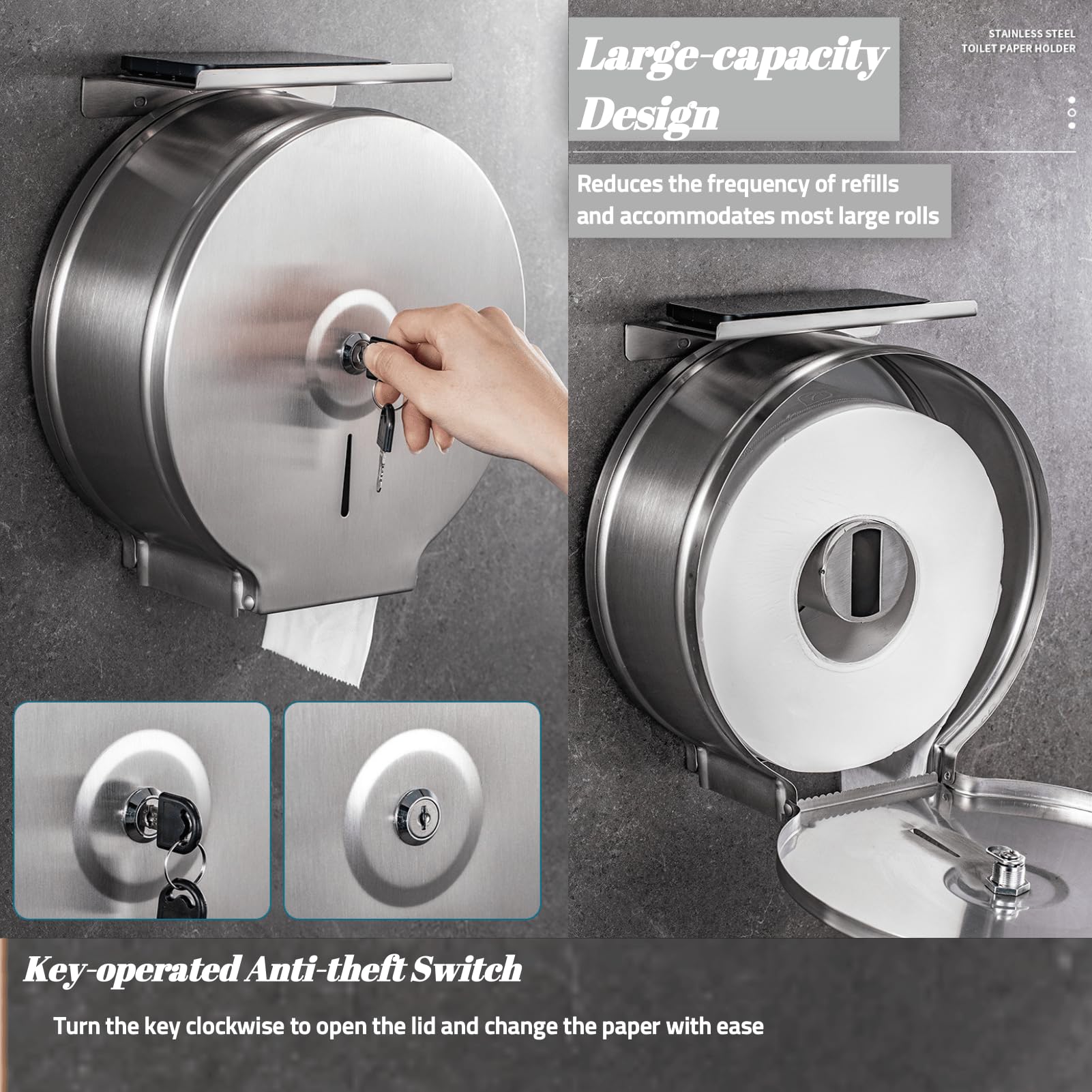 Dispenser di carta igienica, confezione da 2 pezzi da parete in acciaio inox con chiave serratura per rotoli di carta igienica Jumbo, 27 x 26 x 11,8 cm, distributore commerciale di grandi