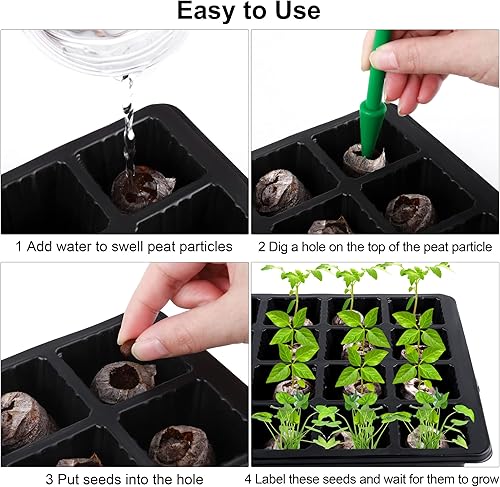 Miniatura 4 de Hahood Paquete de 4 bandejas de germinación de 24 celdas con cúpula de humedad y base, kit de cultivo de plantas, incluye pellets de turba,