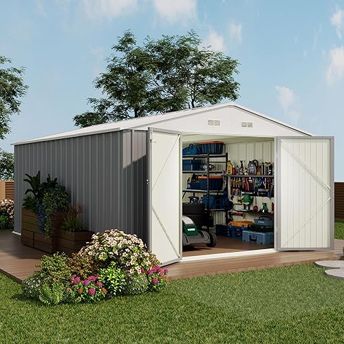 Vista 101 de Devoko Cobertizo metálico de almacenamiento para exteriores, 8 x 10 pies, espacio de almacenamiento al aire libre, cobertizo grande para Gris