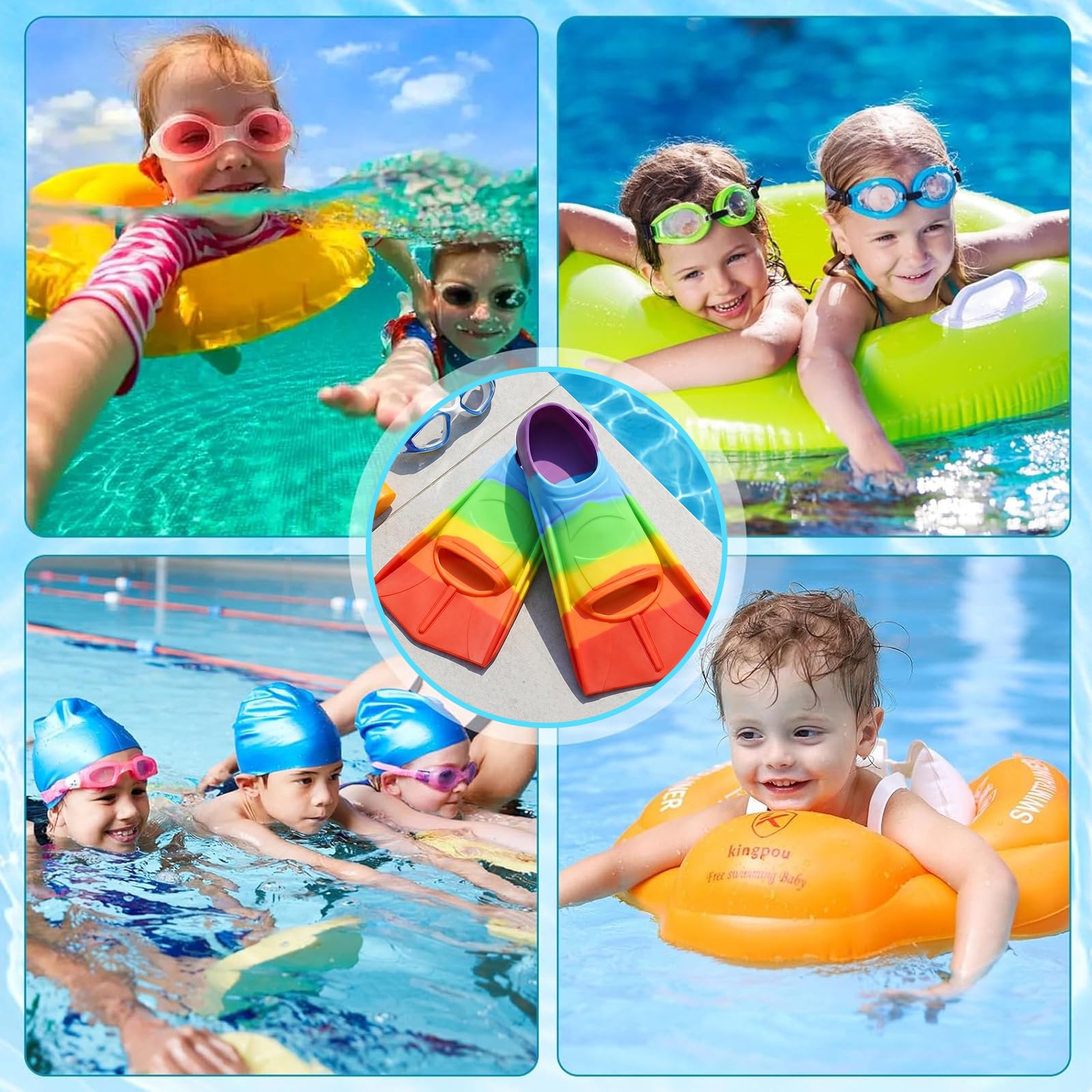 Aletas de Natación para Niños, Silicona 100%, Aletas Cortas para Niños, 24 - 26 Yardas, Aletas de Buceo Cortas para Entrenamiento de Natación, Snorkel, Buceo para Principiantes, Piscina, Playa