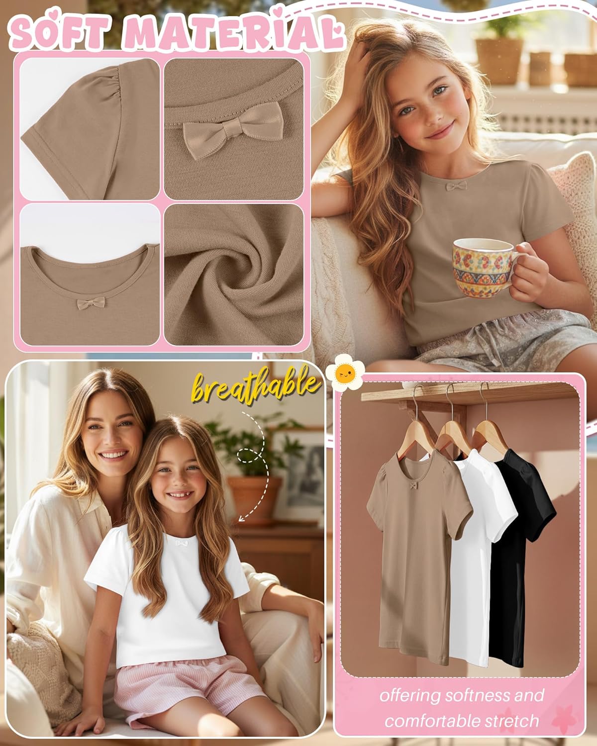 3 Pack Girl's Short Sleeve T-Shirts Casual Bow Crewneck Shirt Solid Cute Tee Soft Summer Tops Basic Kids Clothes - Image 2