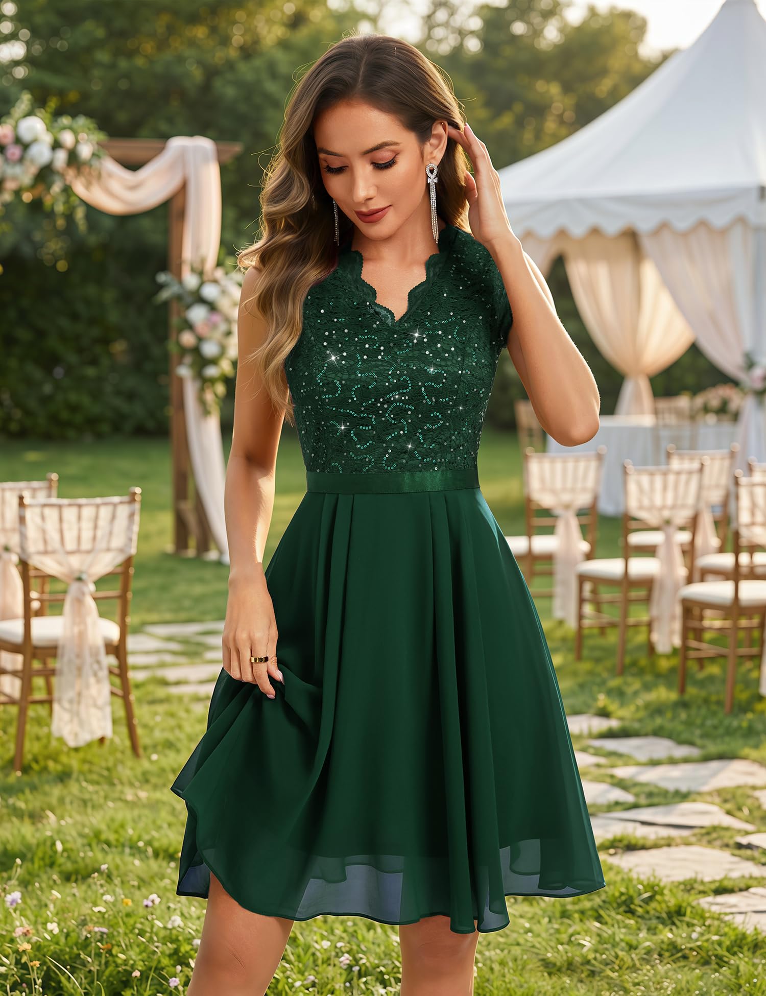 Pailletten Cocktailkleid Damen Elegant Knielang Glitzerkleid Chiffon Kleider Hochzeitskleider
