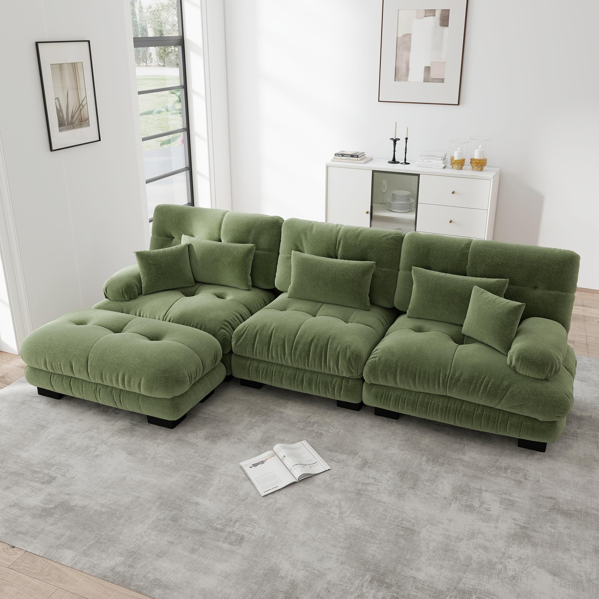 Canapé Modulable 313cm, Canapé 3 Places avec 1 Pouf et Coussins, Structure en Bois Massif, Canapé d'angle Cloud en Chenille, pour Salon et Appartement