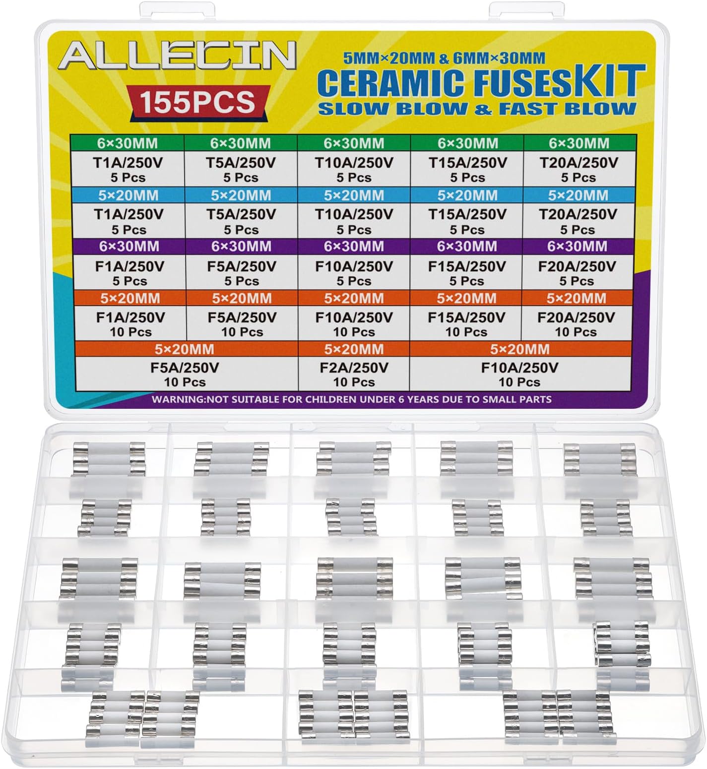 21 Values Ceramic Fuses Fast Slow Blow Assorted Kit 5x20MM 6x30MM Quick Fuse F 1A 2A 5A 10A 15A 20A Time Delay T 1 5 10 15 20 Amp Ceramic Tube Fusible Set 250V 5x20 6x30 MM