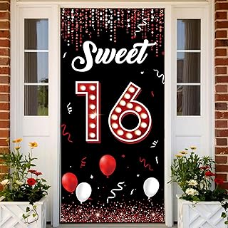 Sweet 16 Birthday Backdrop Door Banner, 16th Birthday Decorations for Girls Red and Black, Sweet Sixteen Birthday Photo Props, 16 Birthday Party Yard Sign for Outdoor Indoor Sturdy Fabric Vicycaty