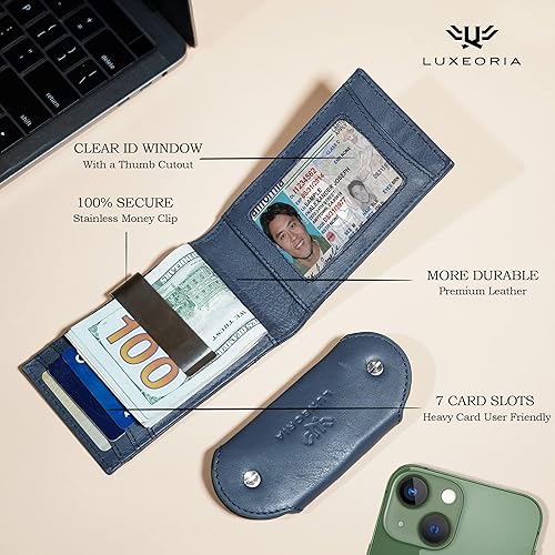 Miniatura 2 de LUXEORIA Cartera de cuero genuino de grano completo para hombre, cartera de viaje hecha a mano, billetera delgada minimalista para hombre, cartera