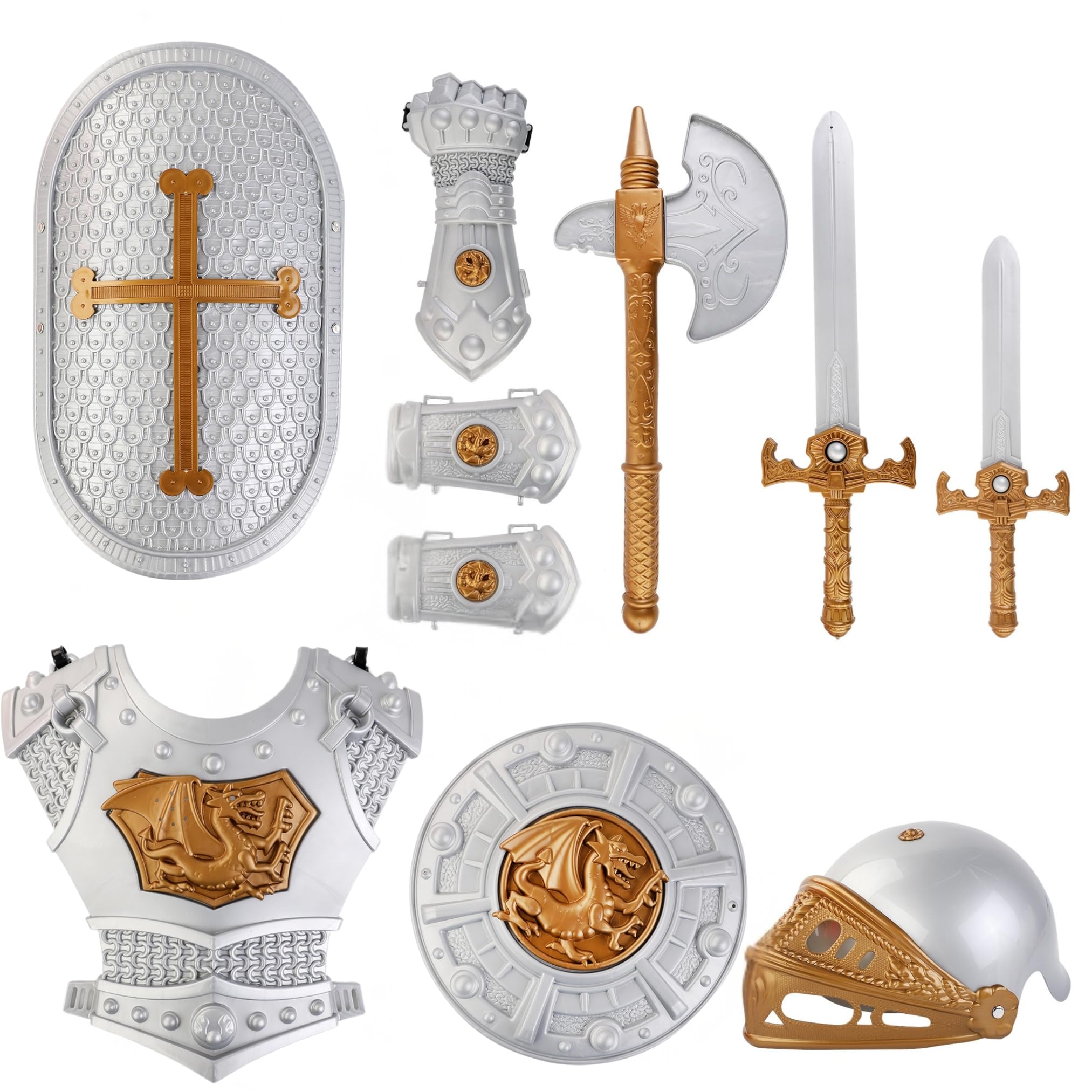 Liberty Imports Medieval Knight in Shining Armor, Kids Crusader Pretend Role Play Plastic Costume Dress Up Cosplay with Toy Swords, Axe, Shield, Weapons & Accessories Playset
