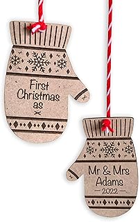 Personalized First Christmas as Mr & Mrs Ornament Set 2 Custom Wooden Mittens Our 1st Christmas Just Married Wood Xmas Tree Hanging Gloves Custom Name, 2023 Christmas Wedding, Newlywed Gift for Couple