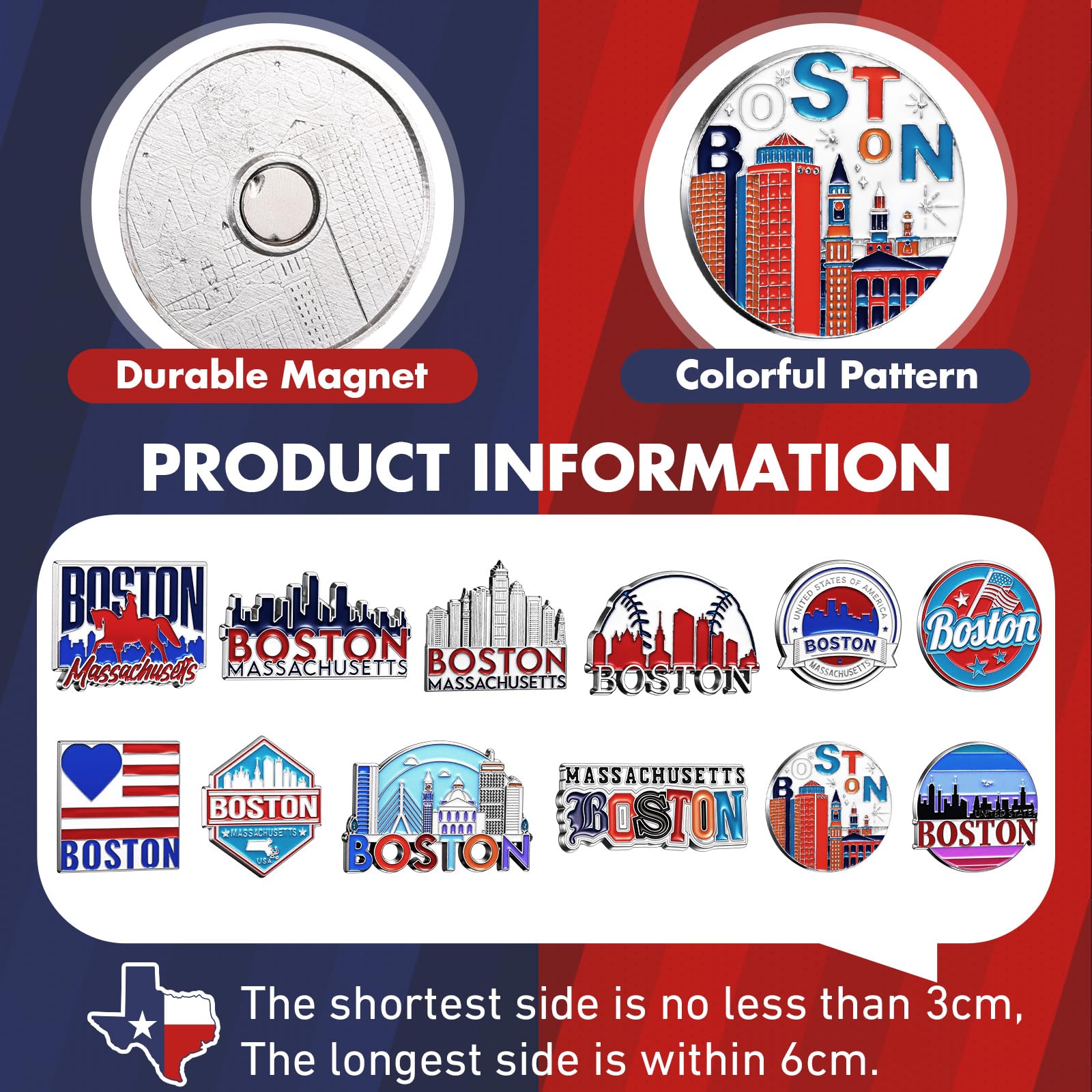Konohan 12 Pcs Boston Magnets for Refrigerator Metal USA Fridge Magnet Magnetic Boston Souvenirs Gifts USA State Magnetic Refrigerator Stickers, Massachusetts, Baseball