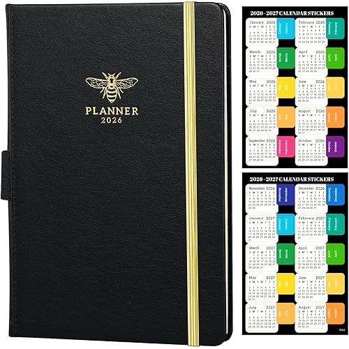 2026 Planner - Planner 2026, JAN 2026 - DEC 2026, 2026 Planner Weekly and Monthly with Calendar Stickers, 5.75" x 8.25", Saffiano Leather, Pen Loop, Back Pocket - Black Bee