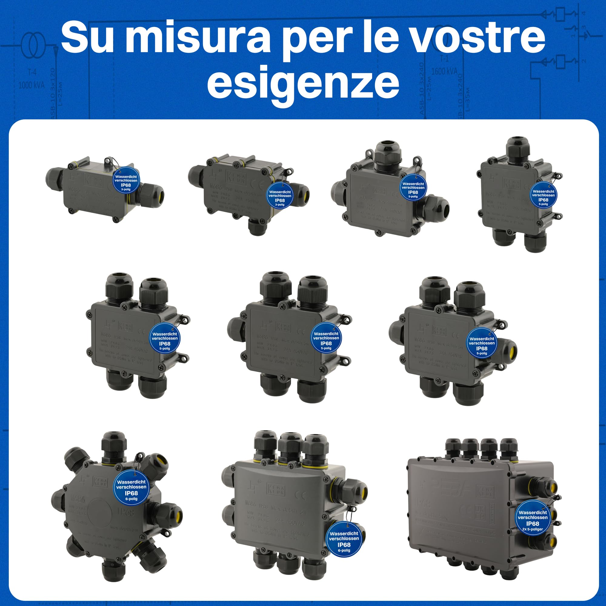 Scatola di giunzione impermeabile Intratec 10x con 2 aperture per cavi da 5-12 mm – Scatola di distribuzione esterna impermeabile IP68 installazione in giardino e cavi interrati – 138 x 43 x 36mm