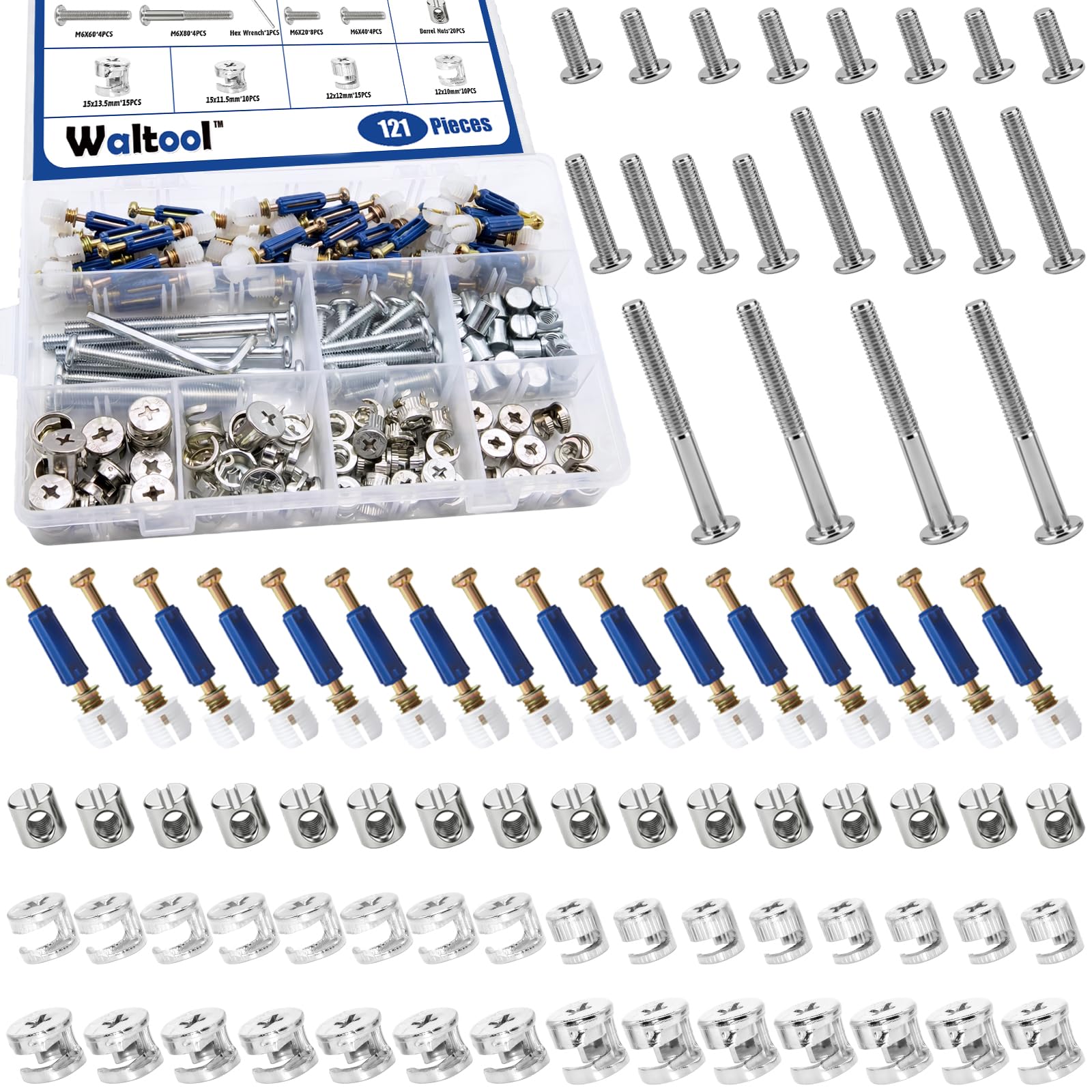 Waltool 121Pcs Furniture Screws Replacement Set W M6x20mm/40mm/60mm/80mm Bed Frame Bolts, Barrel Nuts and 3 in 1 Cam Connector Fittings for Drawer Dresser Cabinet Bed