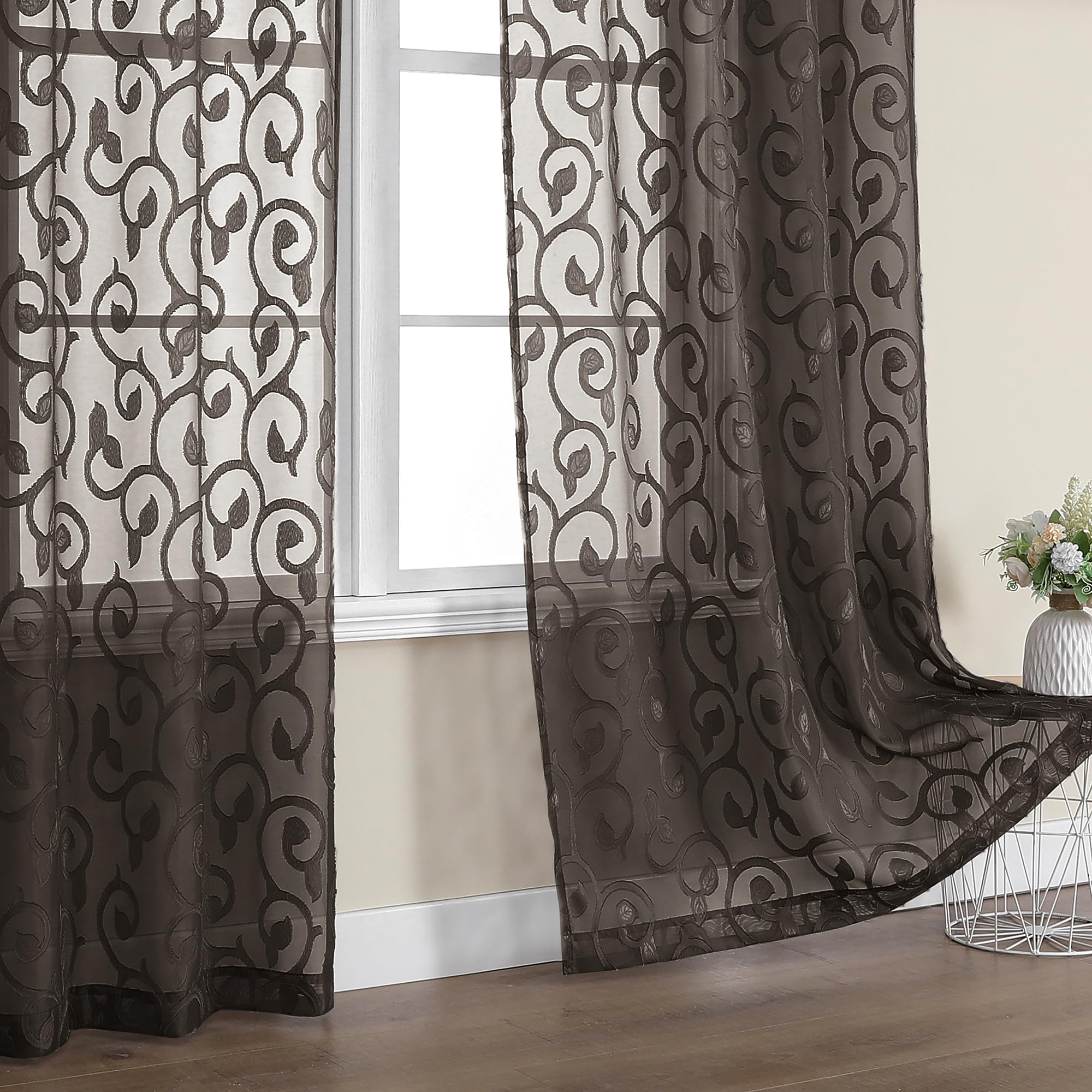 OWENIE Furman Chocolate Sheer Curtains 96 inches Long for Bedroom Living Room 2 Panels Set, Light Filtering Sheer Curtain with Elegant Clip Jacquard,