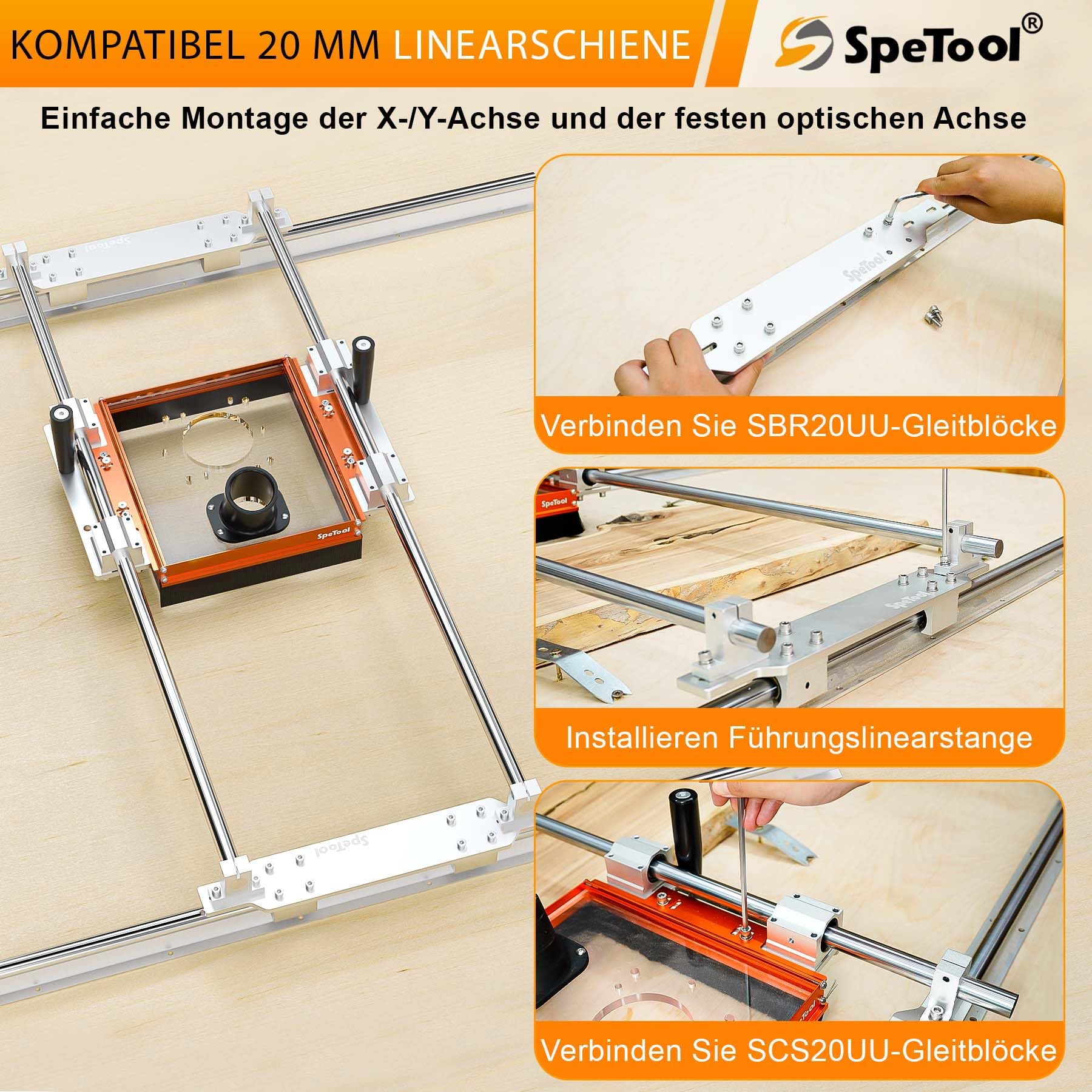 SpeTool Staubabsaugsystem für Linearschienenschlitten mit Gleitadapterplatte für SBR20UU- und SCS20UU-Schienen. 2,5-Zoll-Staubanschluss. Vorgebohrte Acrylplatte für die meisten Oberfräsen.