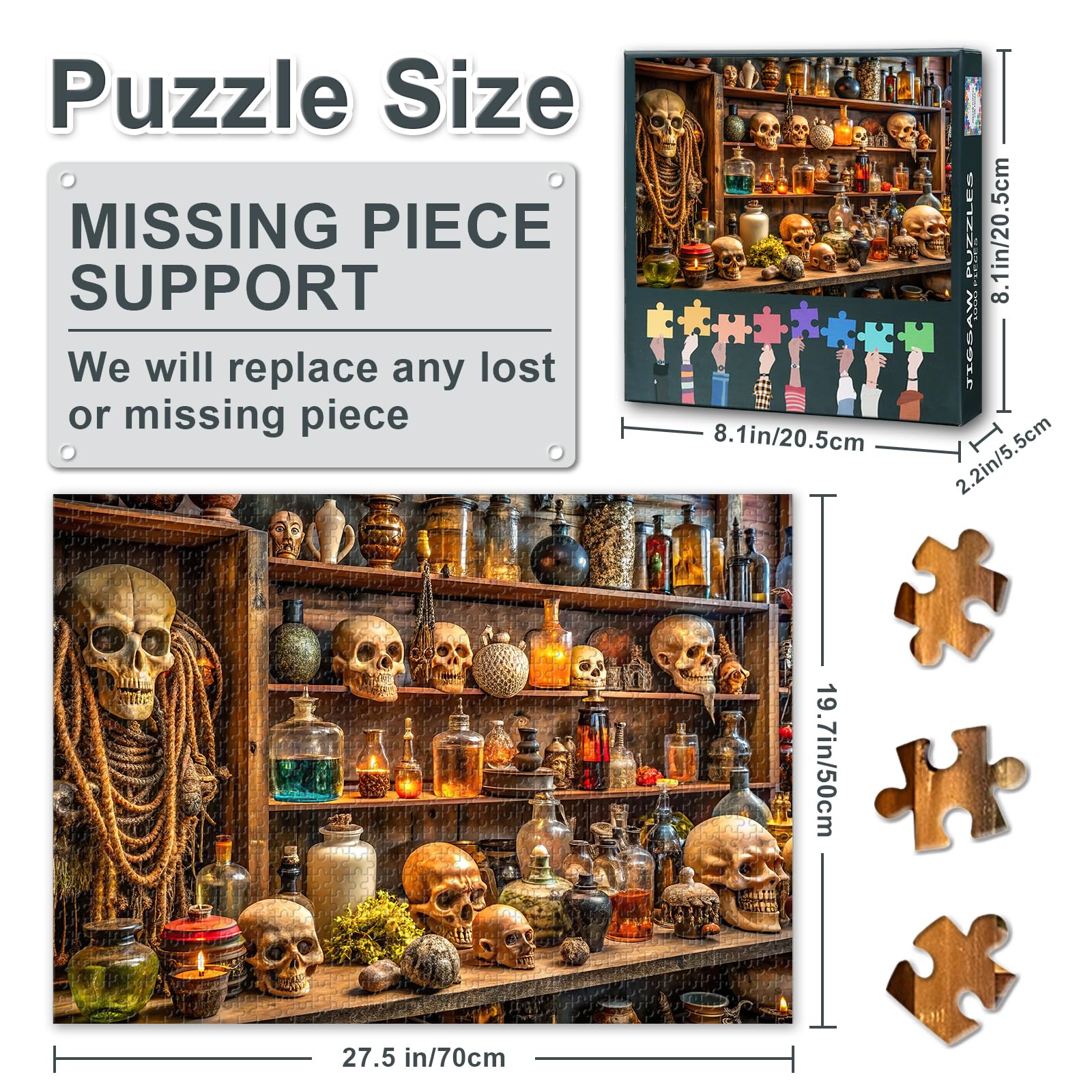 Jigsaw Puzzle for Adults, Spooky Halloween Shop,Skulls, Potion Bottles, and Antique Dolls Parlour Games, Challenging Puzzles - Image 3