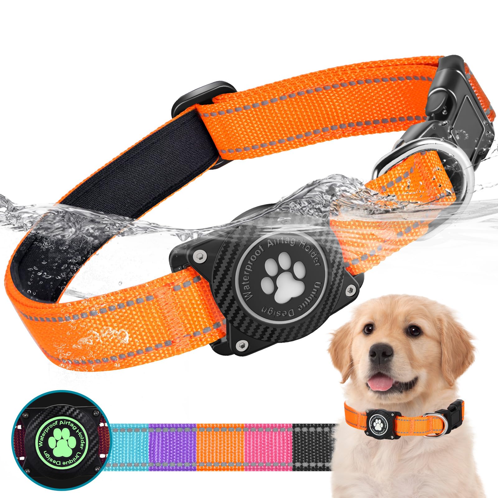 OKVSKO Airtag Dog Collar, Nylon Collar with Waterproof Air Tag Holder, Luminous Reflective Adjustable Pet Collar for Small Medium Large Heavy Duty