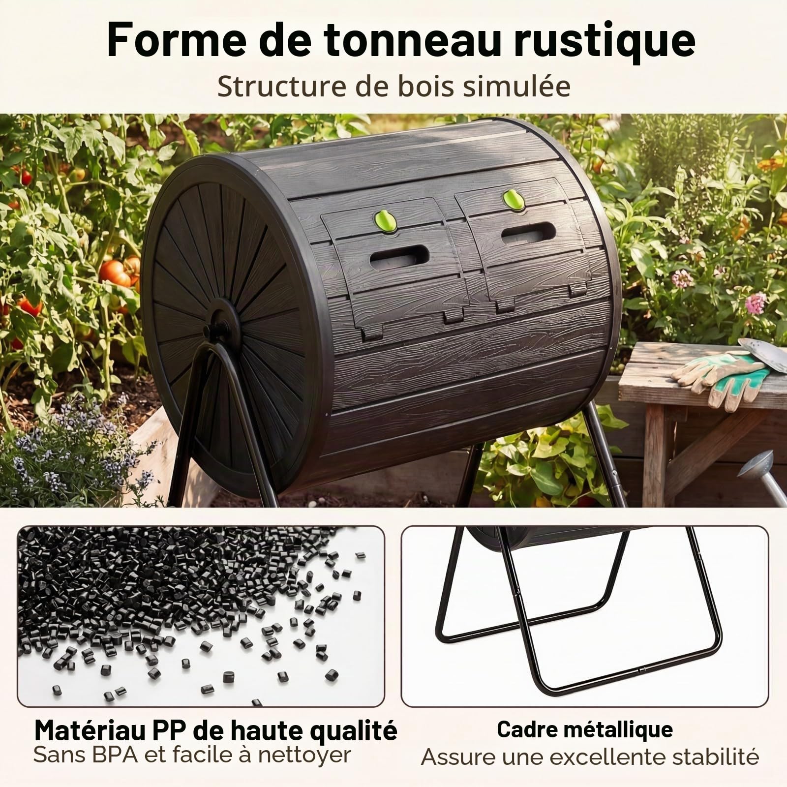 HOMASIS Composteur de Jardin Rotatif, Bac à Compost Extérieur 142 L avec Double Chambre en PP sans BPA, 2 Portes Verrouillables, Lames de Mélange, Support Métal, pour Déchets de Cuisine Jardin (Noir)