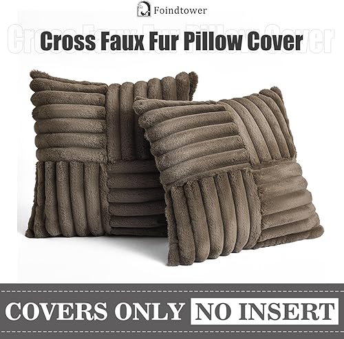 Miniatura 6 de Foindtower Paquete de 2 fundas de almohada decorativas de felpa de pelo sintético suave y esponjoso, fundas de cojín acogedoras y mullidas a rayas,