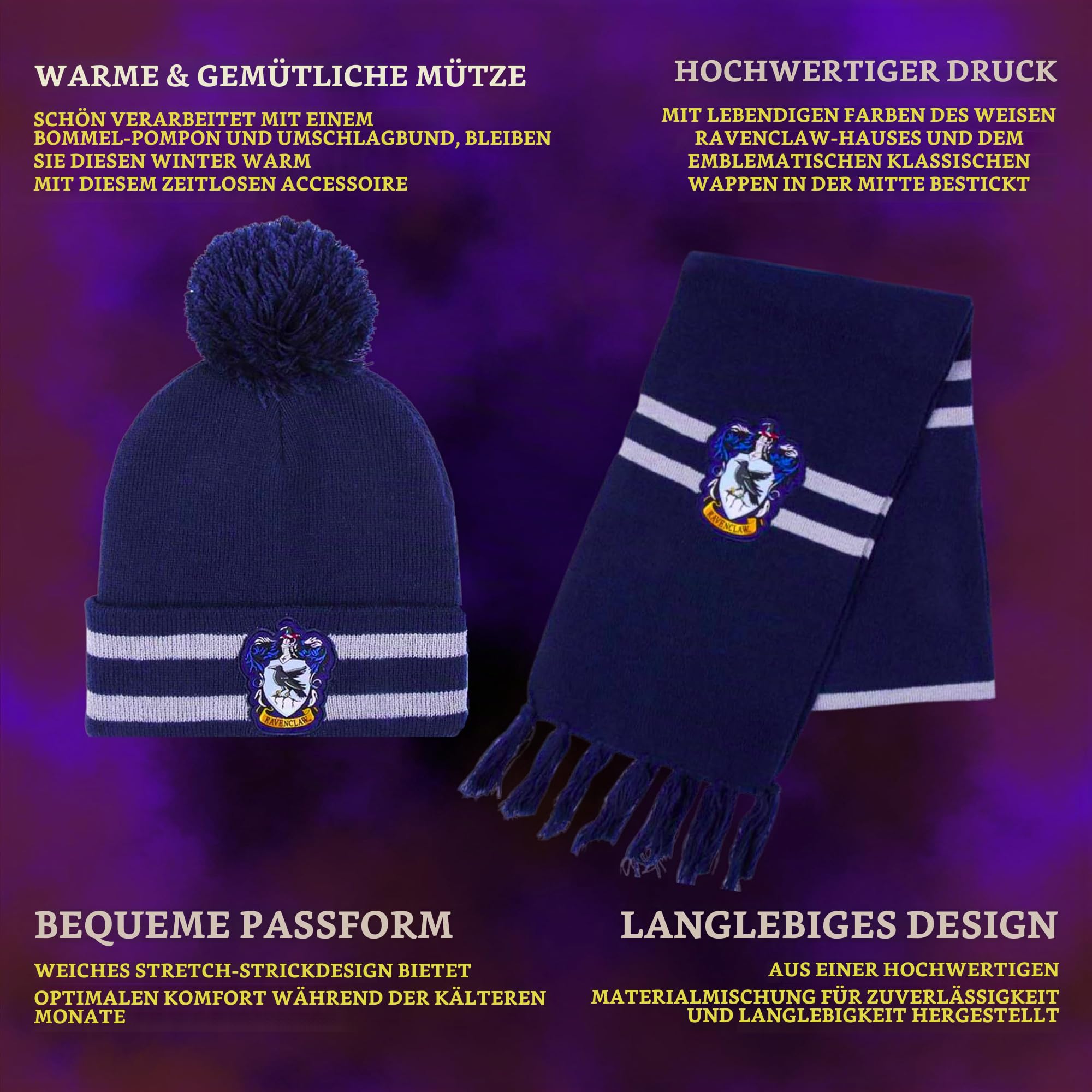 Harry Potter Mütze und schal, Winter-Set für Kinder und Jugendliche, Hogwarts- und Ravenclaw-Mütze und -schal, Winter-Accessoires - Blau