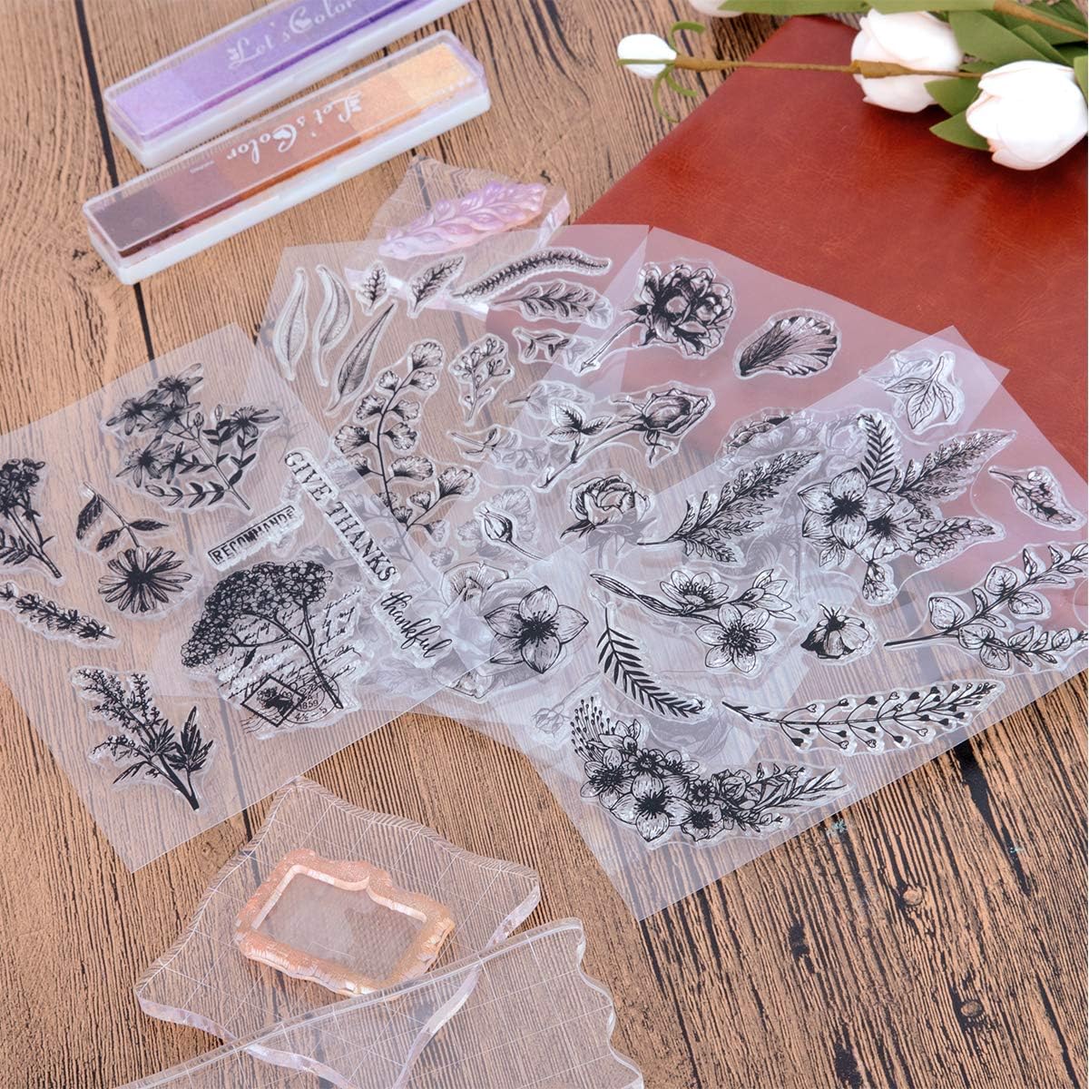 UCEC 8 Sheets Clear Stamps, Vintage Plants and Flowers Silicone Rubber Stamps, Small Clear Stamps for Card Making Decoration and DIY Scrapbooking