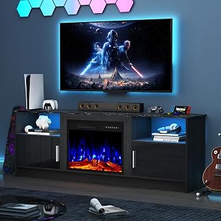 70" Fireplace TV Stand for TVs up to 80 Inches with 23'' Electric Fireplace Insert, Entertainment Center for Living Room with LED Lights and Highlight Storage Cabinet, Black Marble