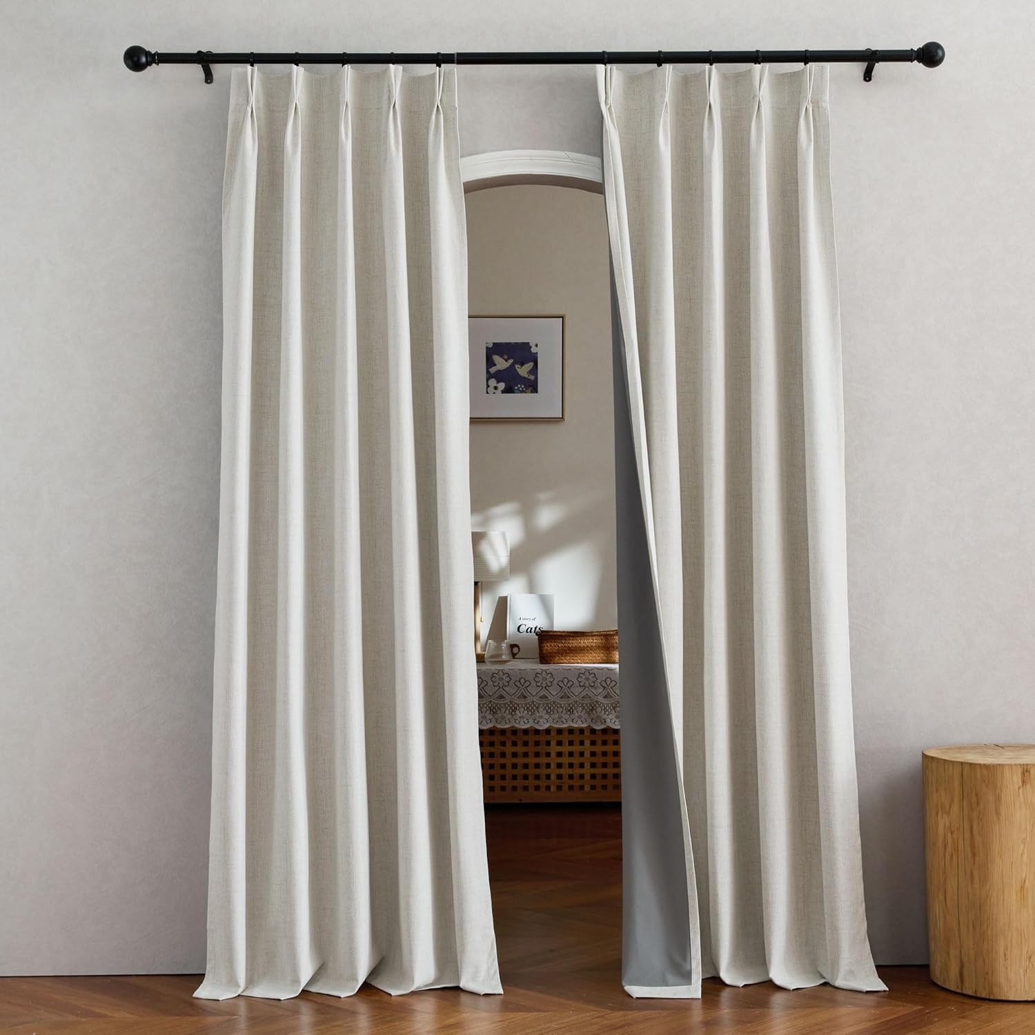 NICETOWN Linen Full Blackout Curtains for Living Room, Pinch Pleated Rustic Linen Weave Window Treatments Thermal Insulated Drapes Sound Reducing for Laundry/Bedroom, Cream, W34 x L90, 2 Panels