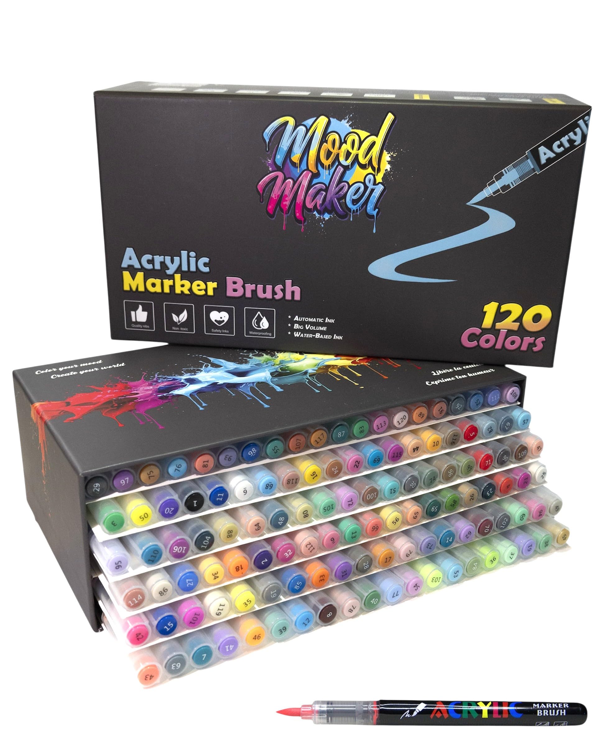 MOOD MAKER - 120 Feutres Acrylique à Pointes Pinceaux, Marqueurs Acrylique pour Dessin et Coloriage Mystère, Calligraphie, sur Papier et Toile, Bois, Pierre, Textile, Métal, Verre et Céramique DIY